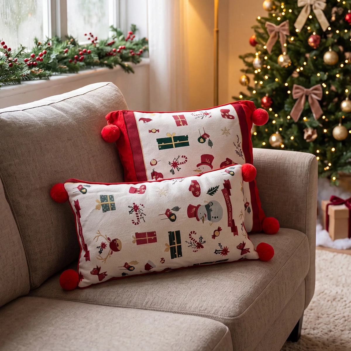 Christmas Red Jacquard Throw Pillow Cover Cartoon Elk Snowflake Christmas Pillowcase Plush Sofa Decor Cushion Covers 45x45cm
