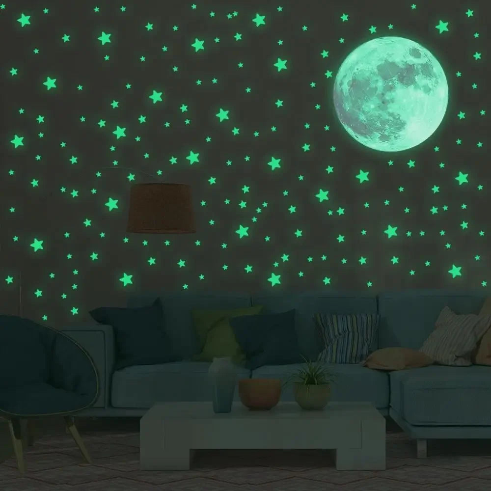 Self-adhesive Full Luna  Luminous Decals Kids Bedroom DIY 3D Glow In Dark Moon Stars Wall Stickers