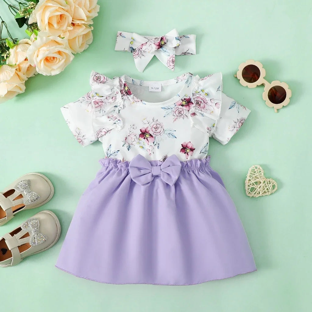 2PCS Baby Girl Floral Ruffle Short Sleeve Dress+Headwear Fashion Birthday Party Dress Summer Wear for Toddler Girl 0-3 Years