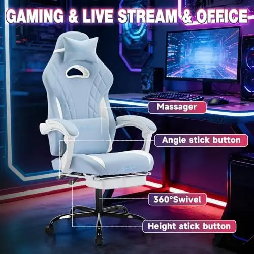 Gaming Chair with Footrest and Massage Lumbar Support, Ergonomic Computer Gamer Chair, Office Video Game Chairs (Cyan