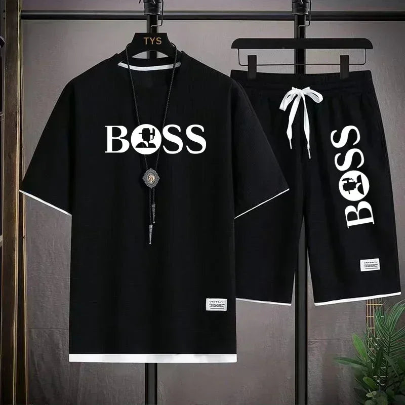 Summer 2025 new men's breathable short-sleeved T-shirt + quick-drying shorts two-piece set, outdoor fashionable men's sportswear