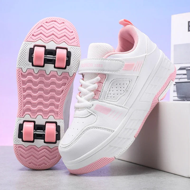 Kids Roller Skate Shoes 4 Wheels Hook Loop Strap Deformation Sneakers Breathable Outdoor Skating Shoes Boys Girls Size 29-40
