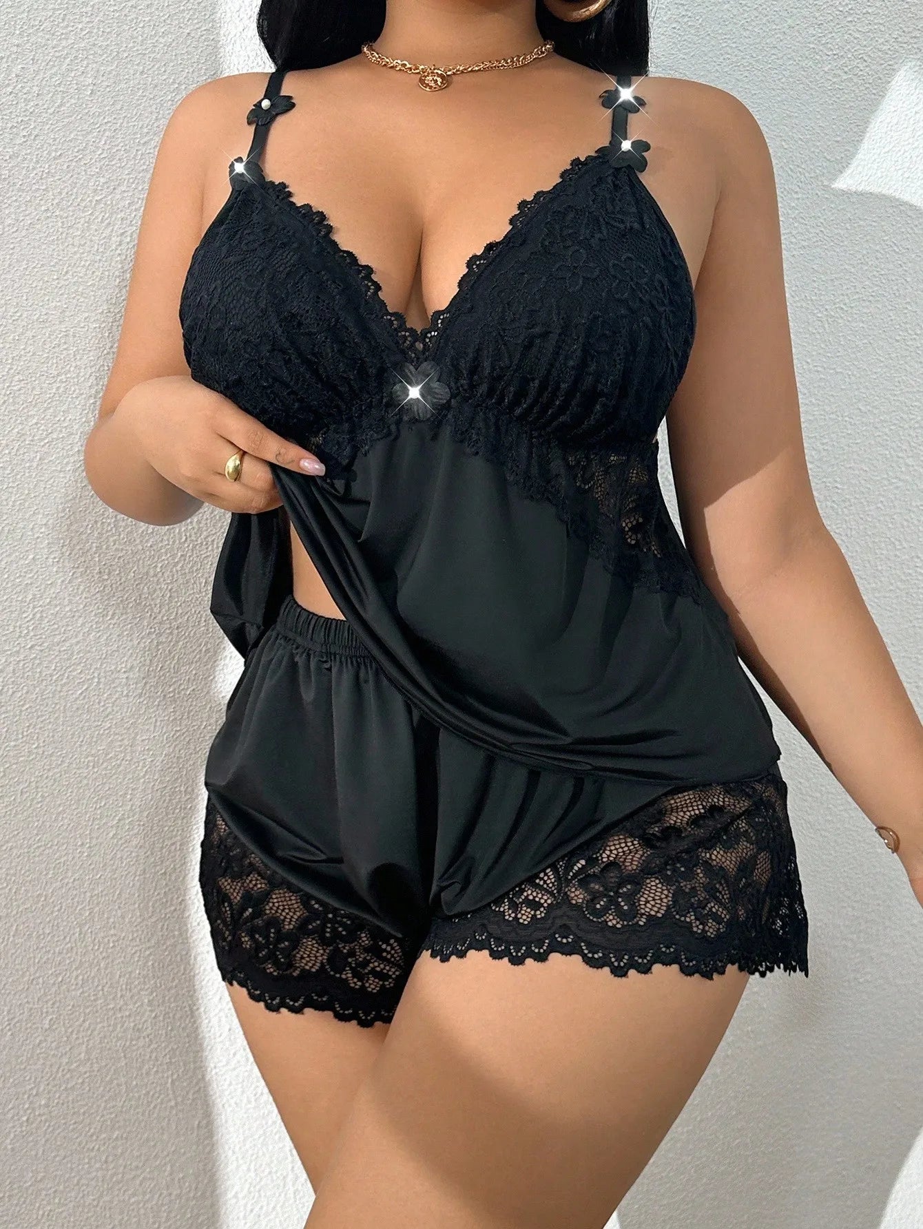 Plus Size Lace Trim Satin Sleepwear Set Deep V Neck Strap Design Home Comfortable Cool Sensual Underwear Ensemble for plus Size
