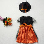 2026 Girls Halloween Cosplay Kids Children Pumpkin Costume Witch Dress Clothing Set With Hat Bag