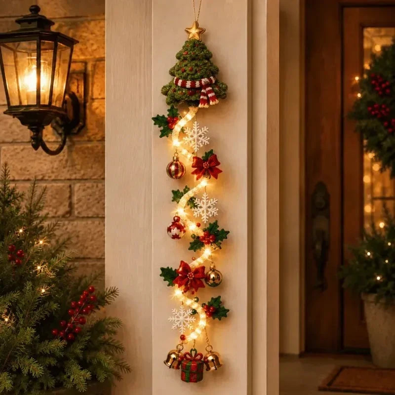 Glowing Christmas Door Hanger LED Handmade Crochet Santa Xmas Tree Bell Ornament Home Wall Front Door Navidad New Year Ornaments