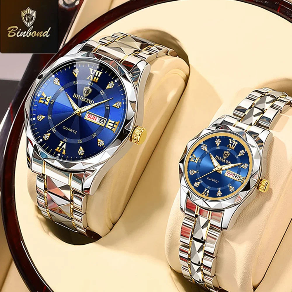 BINBOND 2pcs/Set Couple Watches Fashion Diamond Valentine Day Gift Stainless Steel Watch Men Women 30M Waterproof Quartz Watch