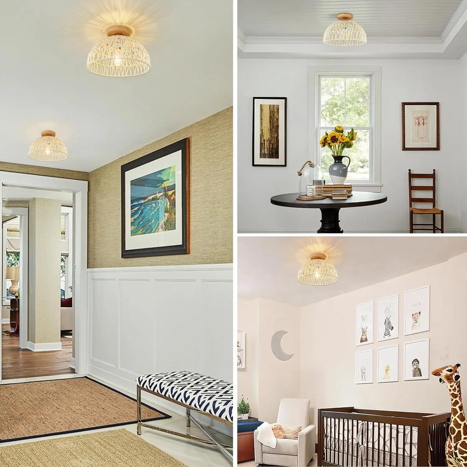 23/30cm Rattan Ceiling Light Fixtures Boho Chandeliers Lights Cream White/Beige/Black semi Flush Mount Ceiling Lamps for hallway