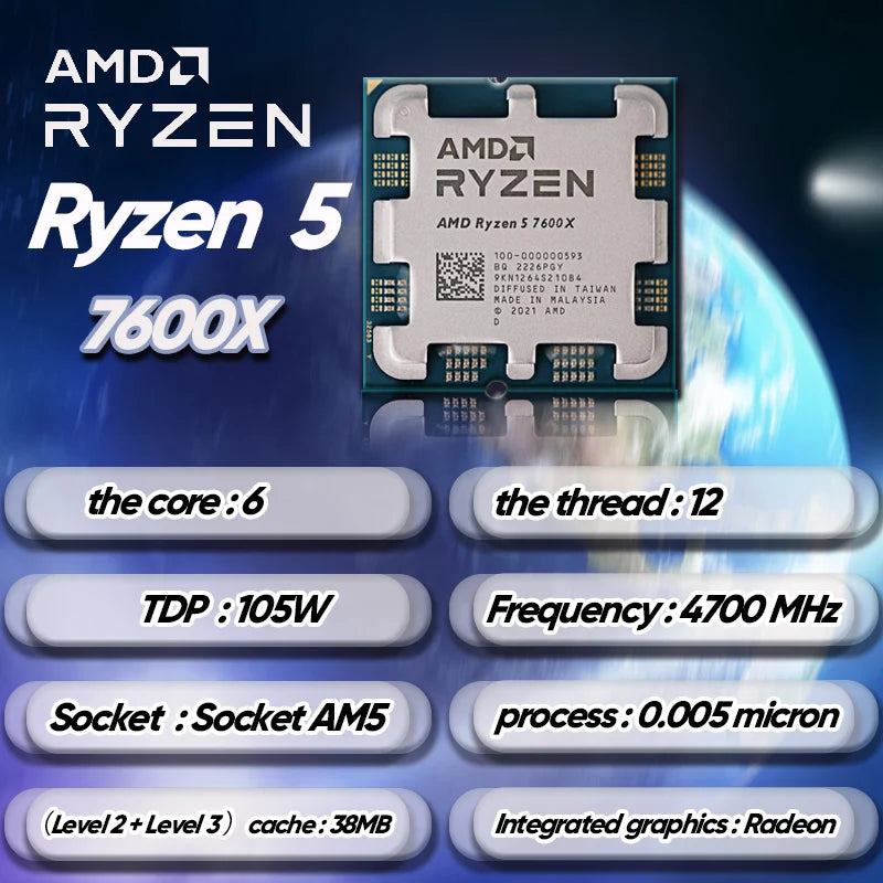 AMD Ryzen 5 7600X R5 7600X 4.7 GHz 6-Core 12-Thread CPU  5NM L3=32M 100-000000593 Socket AM5 New Sealed Without cooler