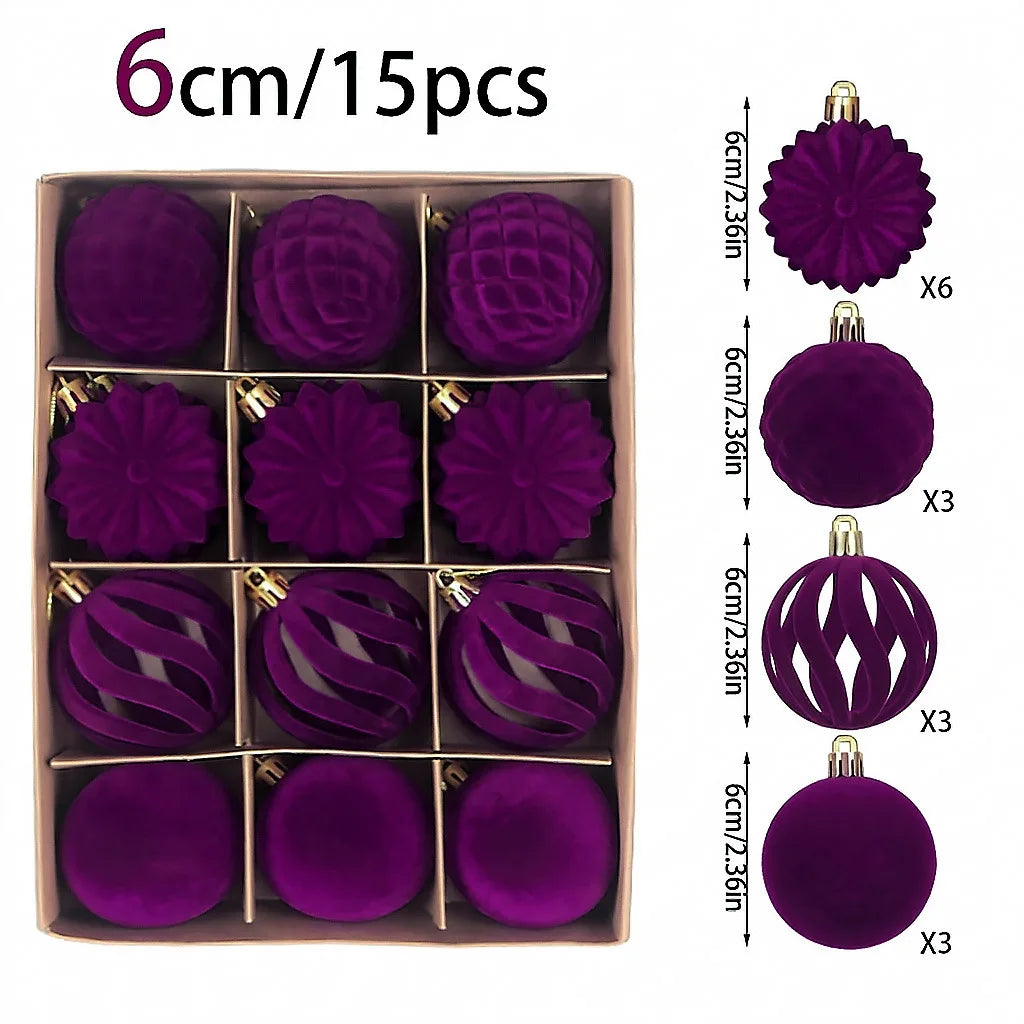 6CM Christmas Balls Set 15PCS Soft Velvet Flocked Ball Ornaments 4 Shapes Christmas Tree Decorations Home Gift Holiday Decor