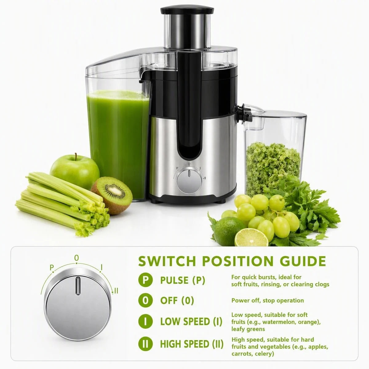 Centrifugal Juicer, 3 Inch Wide Chute 97% High Yield Juicer Machine 3 Inch LARGE FEED CHUTE: Supports Whole Fruit and Vegetable Direct Feeding Without Pre-Cutting, Cuts down Your Preparation Time Significantly. 97% HIGH JUICE