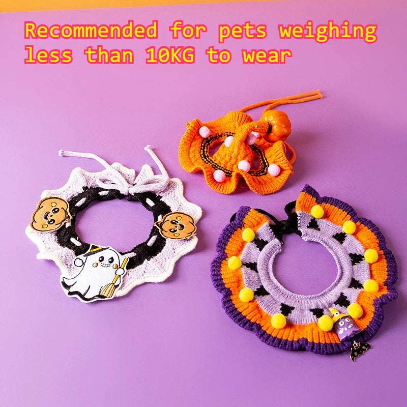 Cat Collar Halloween Costumes for Cats Puppies Knit Witch Hat Neck Piece for Halloween Party Decoration Funny Pumpkin Hat Set