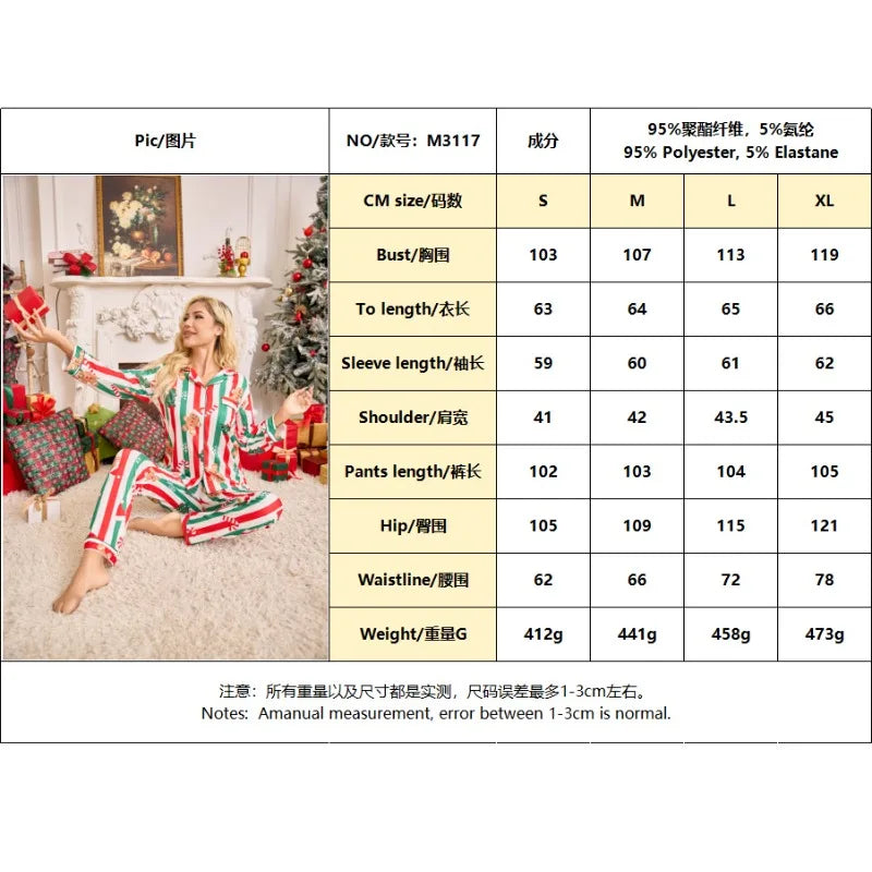 Meet'r New Year Christmas Long Sleeved Long Pants Home Clothes Underwear Striped Print Pajamas Ladies' Comfortable Pajamas