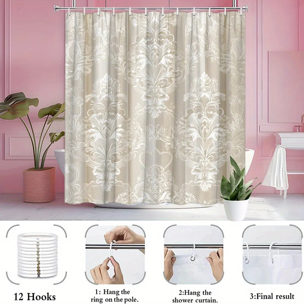 Elegant Luxury Damask Print Shower Curtain Waterproof Beige Gold Bathroom Shower Curtain Liner for Home Decor