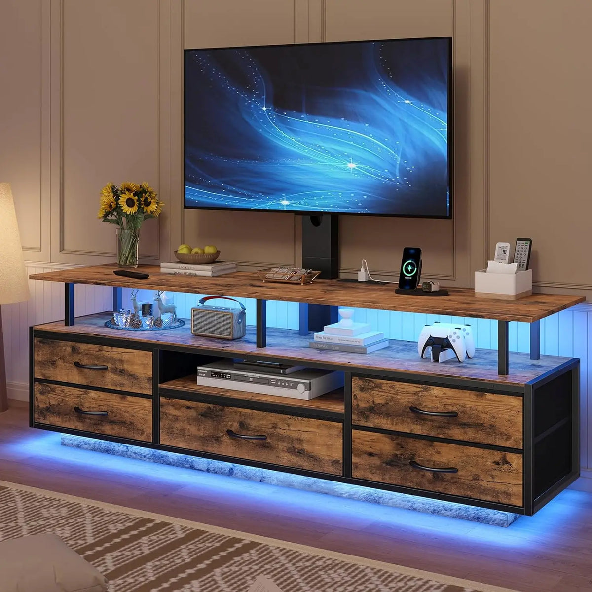 51.2" LED TV Stand with Mount for 45-70 Inch TVs, Power Outlets, Storage & Smart Lights