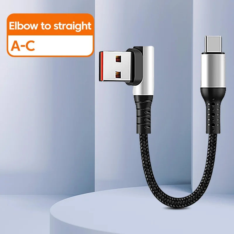 6A 0.25 0.5M Short Cable 90 Degree Elbow USB A Type C to Type C Cable Fast Charging Data Cord Power Bank Wire For iPhone 15 IPad