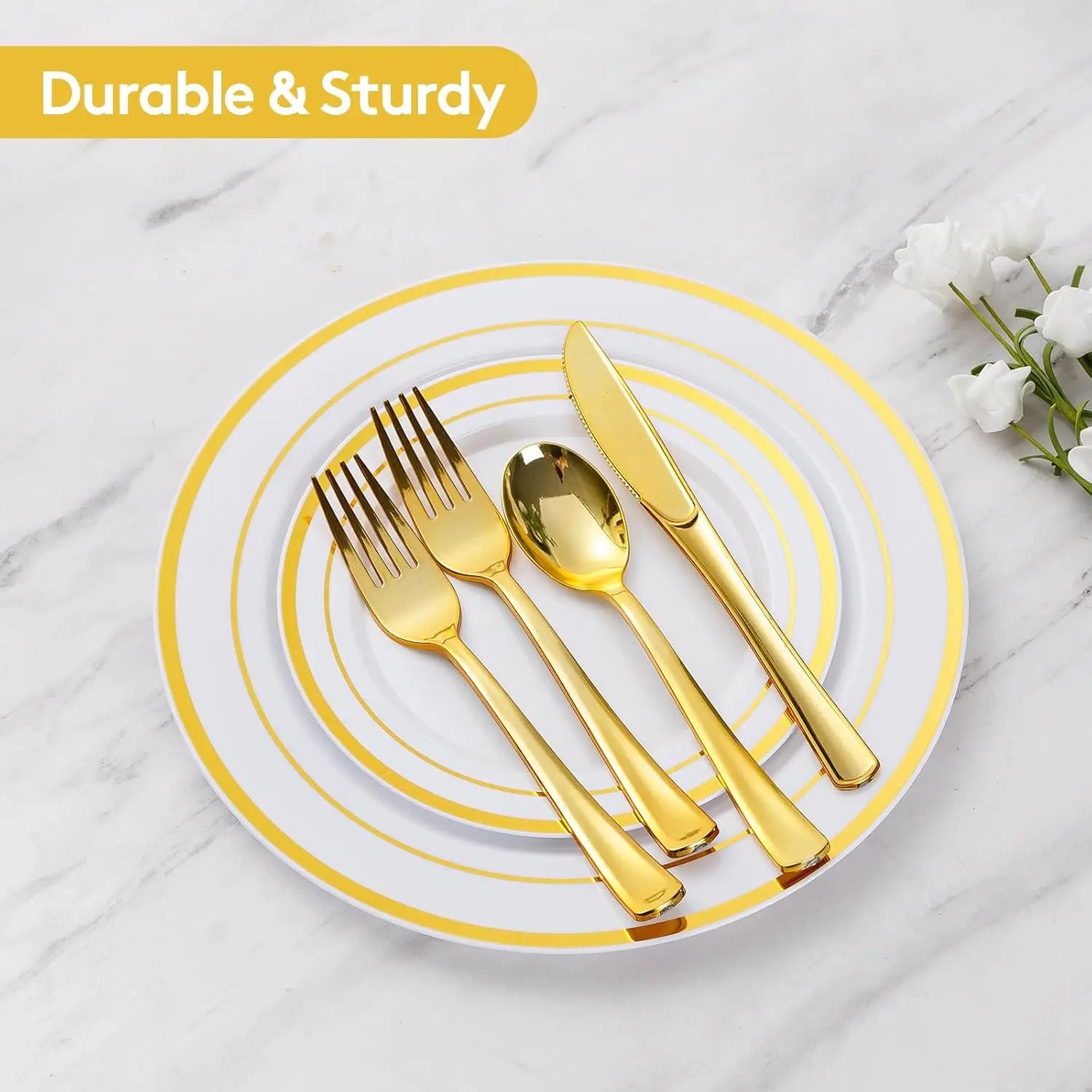 Disposable Gold Plastic Dinnerware Set for 100 Guests - 600 Pieces Includes 100 Dinner Plates, 100 Dessert Plates, 100 Forks, 100 Knives, 100 Spoons, 100 Cups, Party Supplies