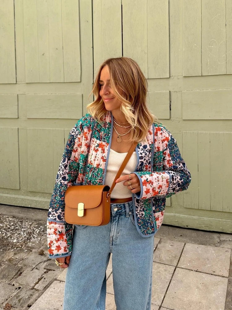 2025 New Autumn Vintage Print Patchwork Cotton Woman Coats Casual Loose Full Sleeve Short Jackets Winter Female Outerwear