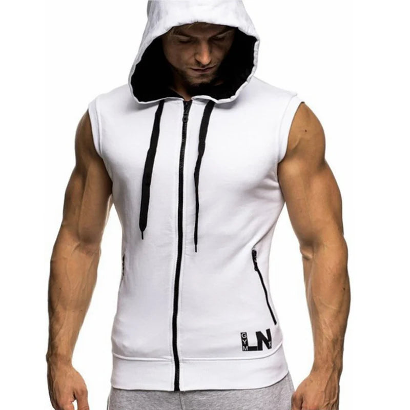 Men's Tank Top Summer Men's Clothing Casual Solid Sleeveless Tank Tops Hooded Zipper Men's Vest Bodybuilding Sportswear M-XXXL
