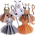Baby Girls Halloween Animal Cosplay Costume Kids Forest Theme Giraffe Cows Tiger Leopard Zebra Print Tutu Dress Birthday Party