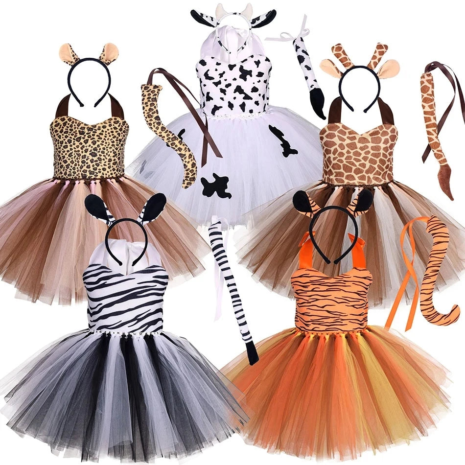 Baby Girls Halloween Animal Cosplay Costume Kids Forest Theme Giraffe Cows Tiger Leopard Zebra Print Tutu Dress Birthday Party