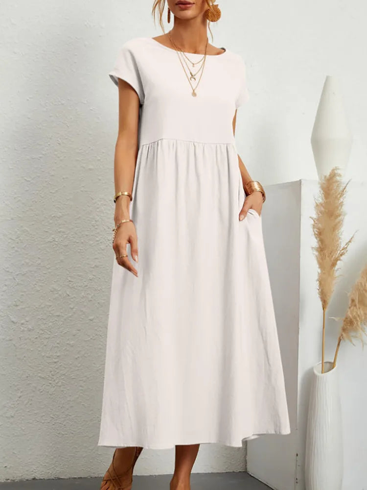 Dresses for Women  Cotton Linen Midi Casual  Short Sleeve Loose A-Line Sundress with Pockets  Solid Color Oversized Long Dress