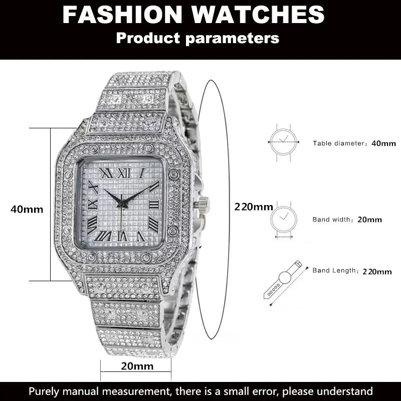 2pcs Set Luxury Diamond Men's Watches Business Stainless Steel Quartz Wristwatch Male Casual Silver Bracelet Wrist Watch