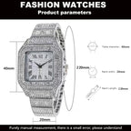 2pcs Set Luxury Diamond Men's Watches Business Stainless Steel Quartz Wristwatch Male Casual Silver Bracelet Wrist Watch