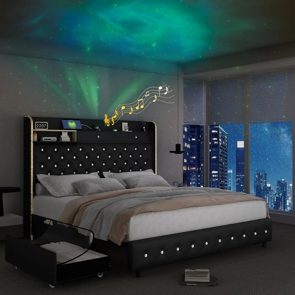 Led Bed Frame with Galaxy Aurora Star Projector, Platform Beds with Charging Station, 52" Diamond Upholstered, Customized