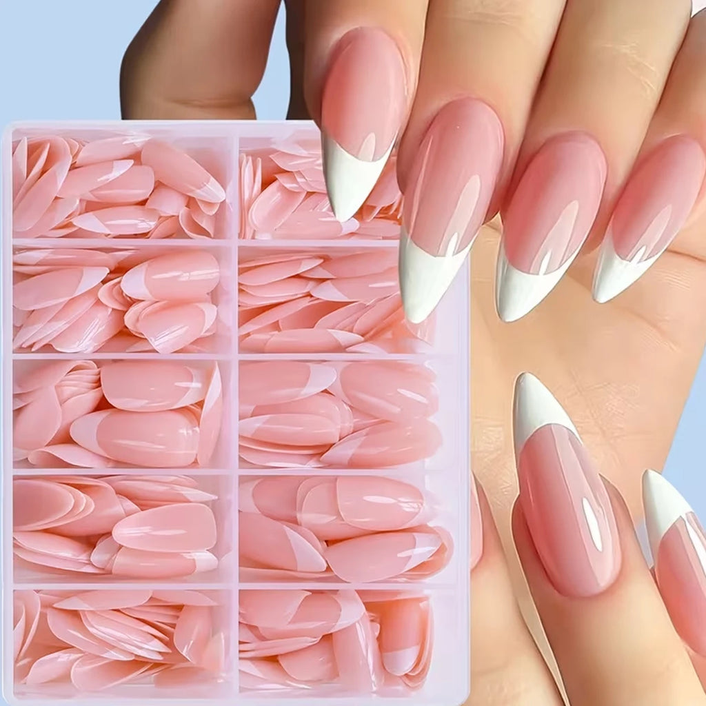 120Pc Almond-Shaped French Tip False Nails - Full Coverage Press- Nails with Nude/Pink Striped or Solid Tips Weddings Daily Wear