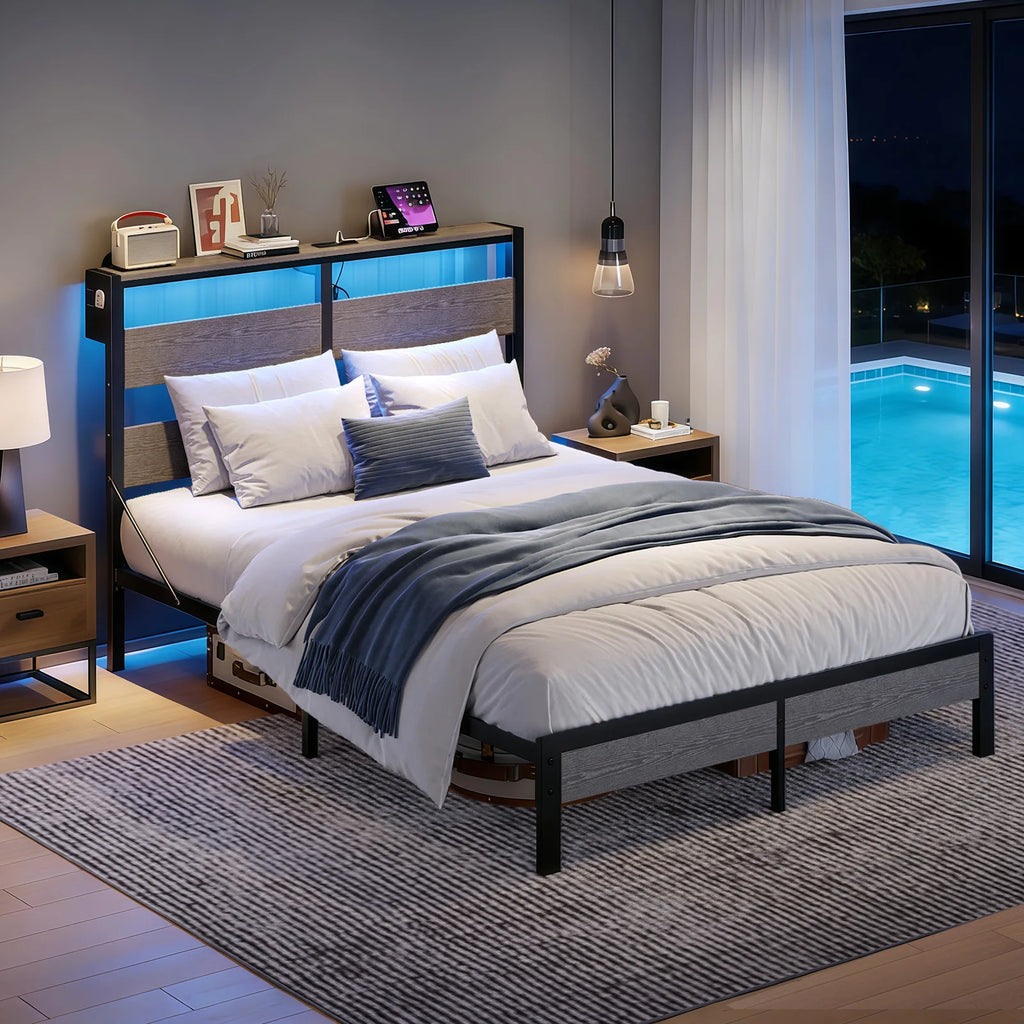 NOST&HOST Queen Bed Frame with Headboard and Charging Station,Non-Slip Queen Bed Frame with LED Light, Noise-Free, Easy Assembly, Grey