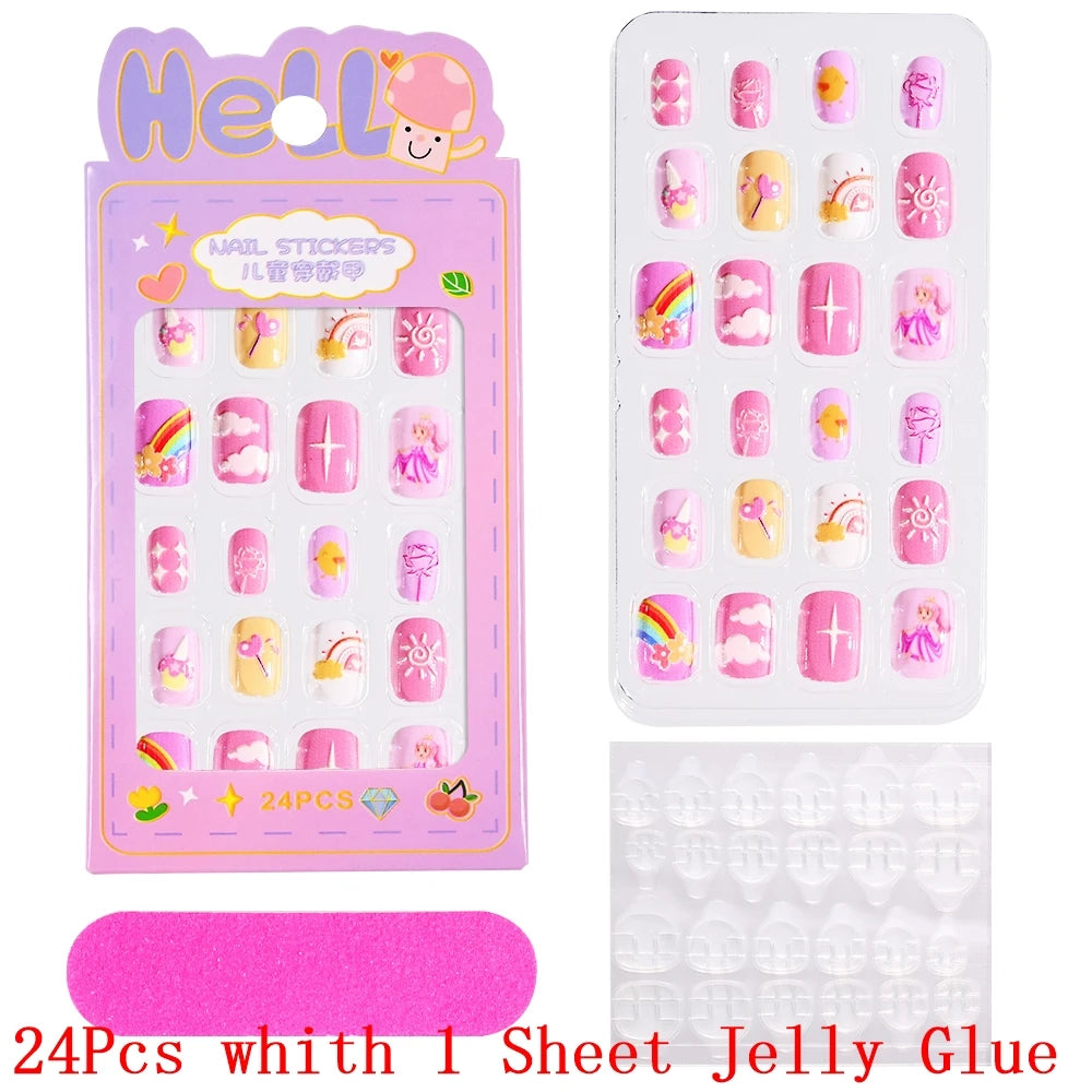 Children Press on Nails,24 Pcs Fake Nails Tips for Kids Acrylic Nails Pre-glue Full Cover Short False Nails Cute Fingernails