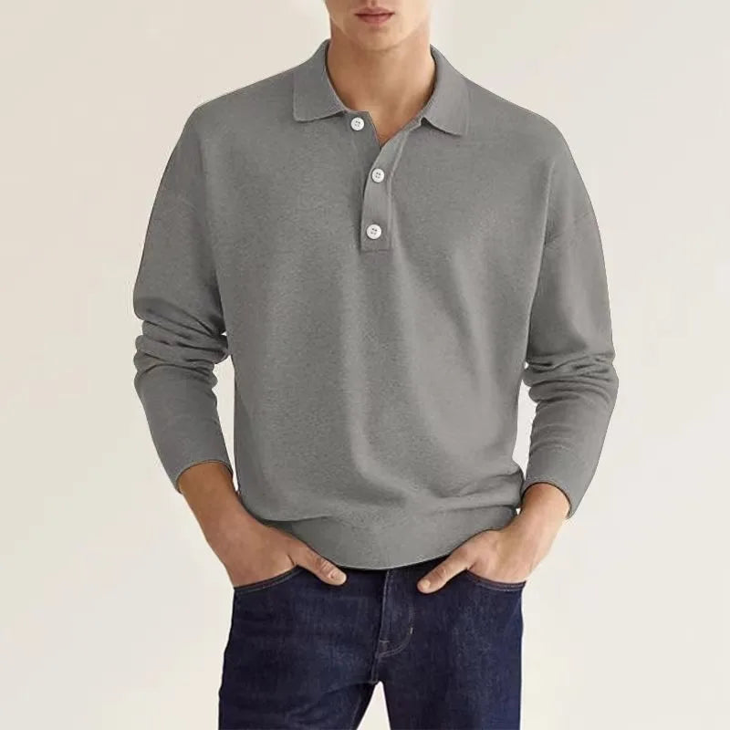 Men Long Sleeve Polo Shirt V Neck Button Up Casual Autumn Basic Solid Color Knitwear Tops For Men