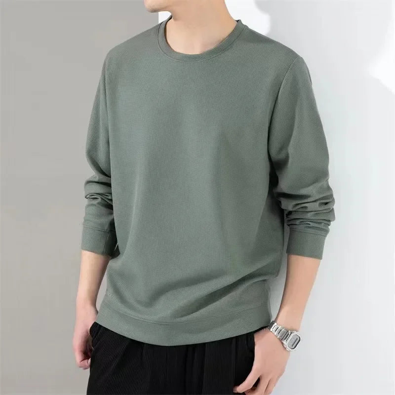 Men Long Sleeve t-Shirt Tops Fashion Waffle t Shirt o Neck Slim Fit t-Shirts Comfortable Tee Soild Casual Tshirt Man Clothing