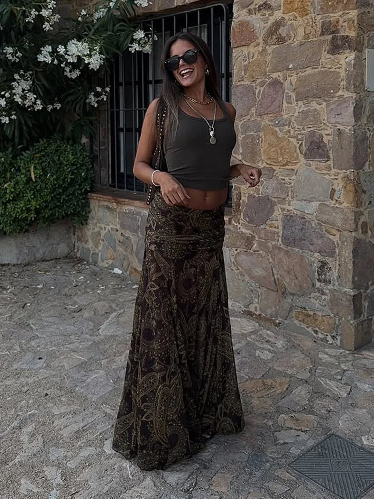 Fashion Print Long Skirt Women High Waist Ankle-length Loose Swing Skirt 2025 Summer Fashion Female Vacation Streewear Outerwear