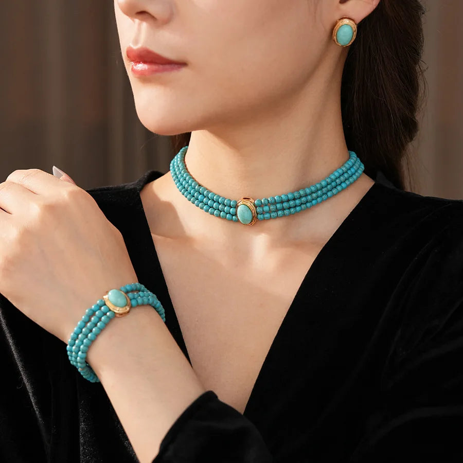 1/3 Pcs Bohemian Multi-layered Green Stone Beaded Stretch Bracelet Earrings Necklace Ethnic String Charm Women's Jewelry Set N1