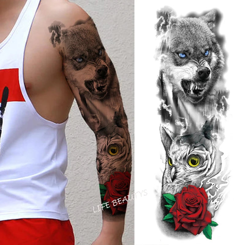 Waterproof Full Arm Temporary Tattoo Sticker Tiger Lion Wolf Eye For Man Women Body Art Sleeve Flash Fake Shoulder Tatoo