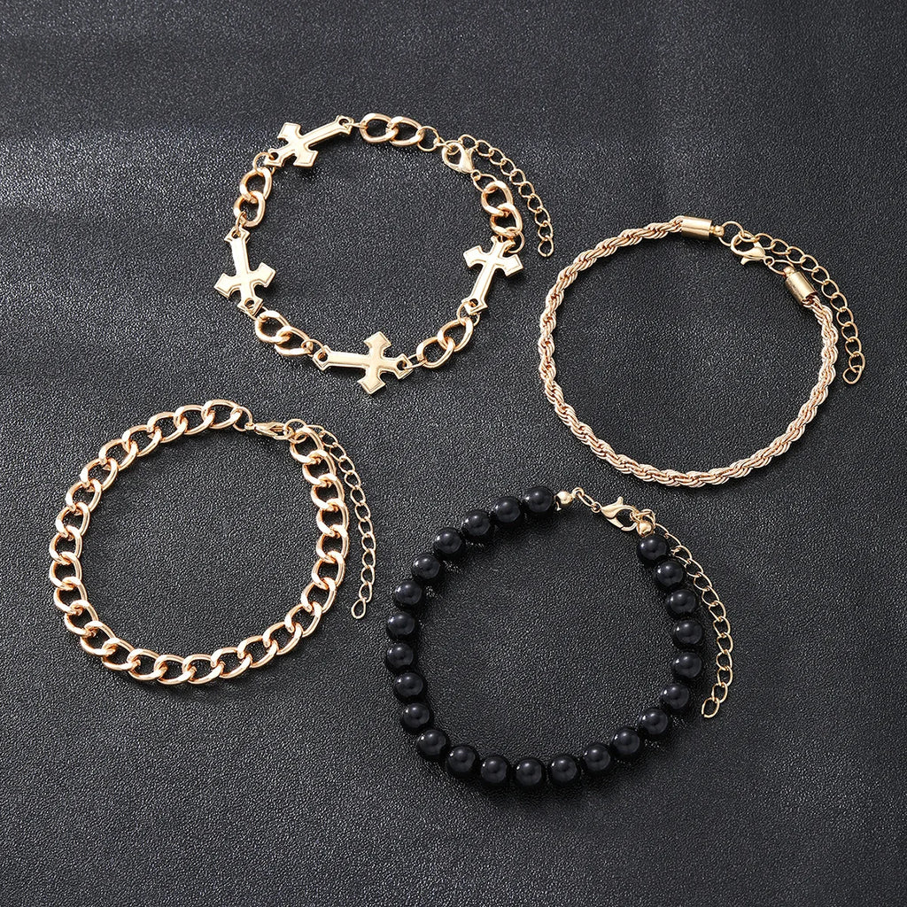 4 Pcs Stainless Steel Bracelet Set For Men Women Punk Fashion Cross Beads Chain Bracelets Simple Hip Hop Unisex Jewelry Gift New