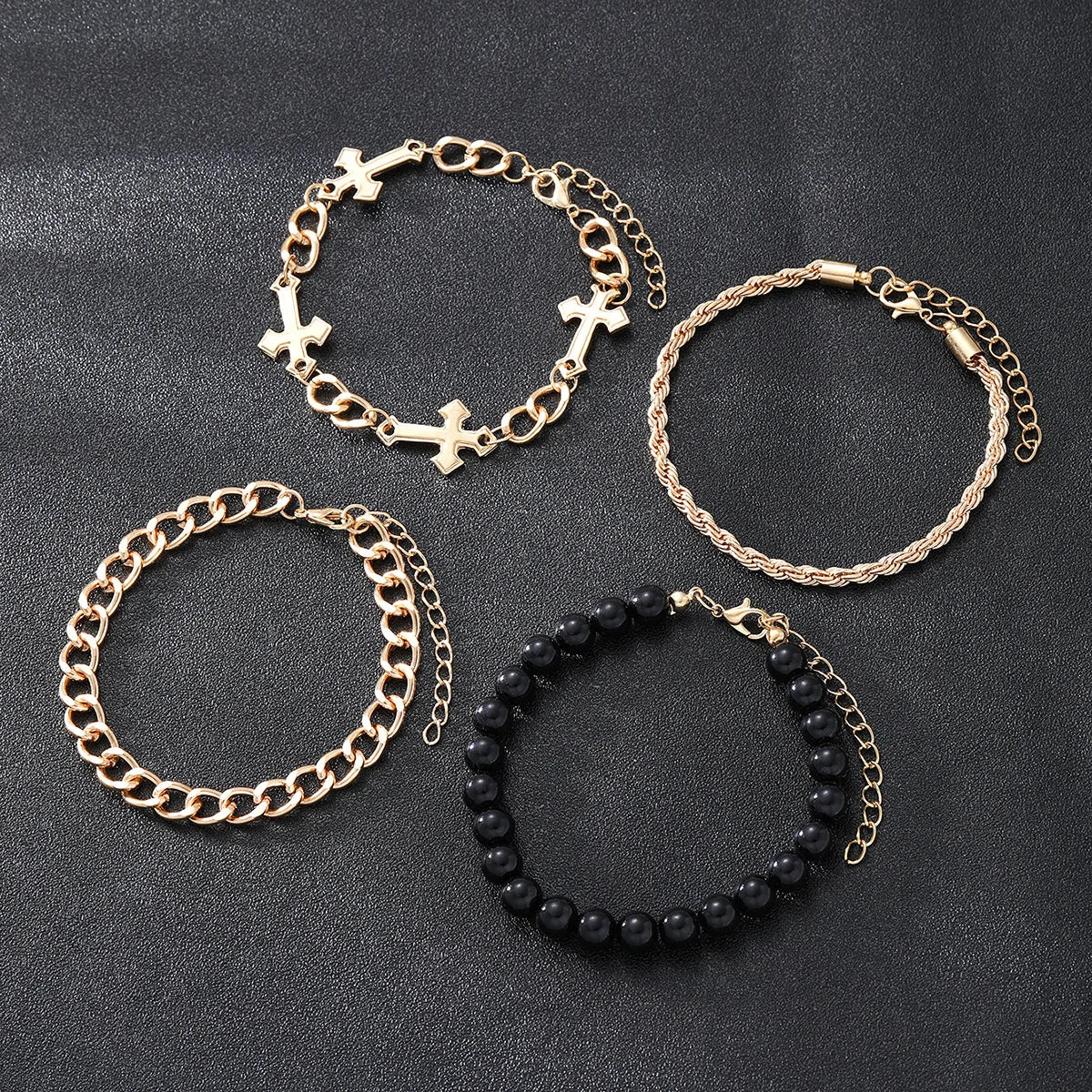 4 Pcs Stainless Steel Bracelet Set For Men Women Punk Fashion Cross Beads Chain Bracelets Simple Hip Hop Unisex Jewelry Gift New