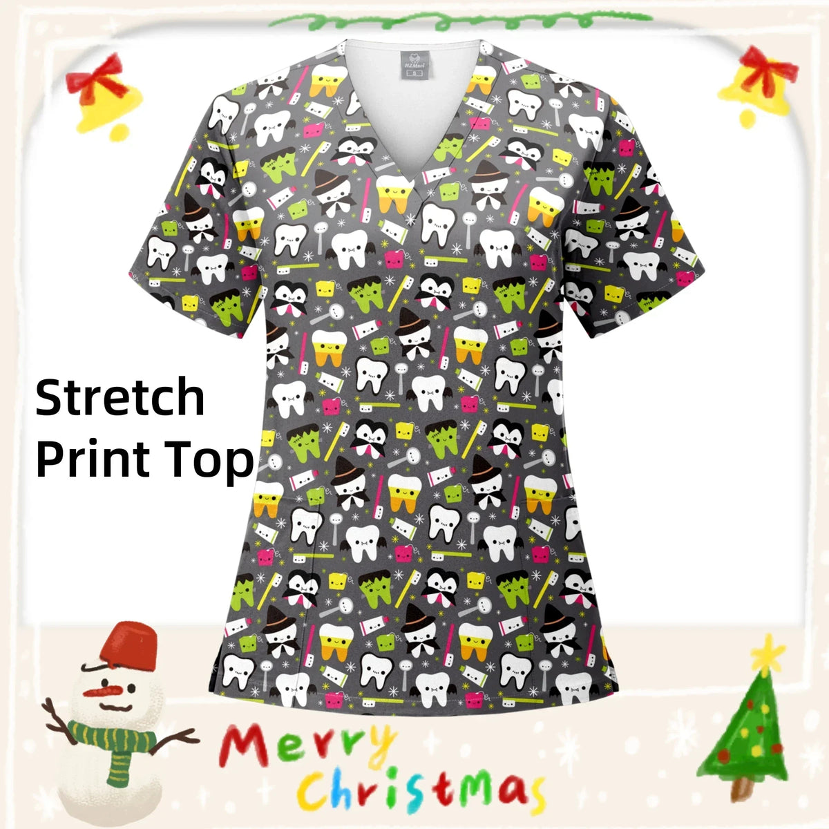 Christmas Print Surgery Top Women with Pocket V-Neck Scrub Uniform Spa Caring T-Shirt Pet Grooming Surgical Nurse Scrubs Uniform