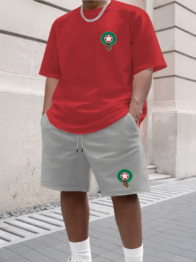 Youth Men's Fashionable Casual Sports Two-Piece Set Print Summer Short-Sleeved T-Shirt And Shorts Ensemble