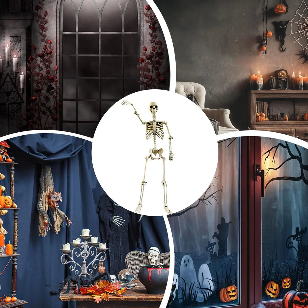 Full Life Size Haunted House Movable Skeleton Prop with Poseable Fake Human Skull Bones for Halloween Party Decoration