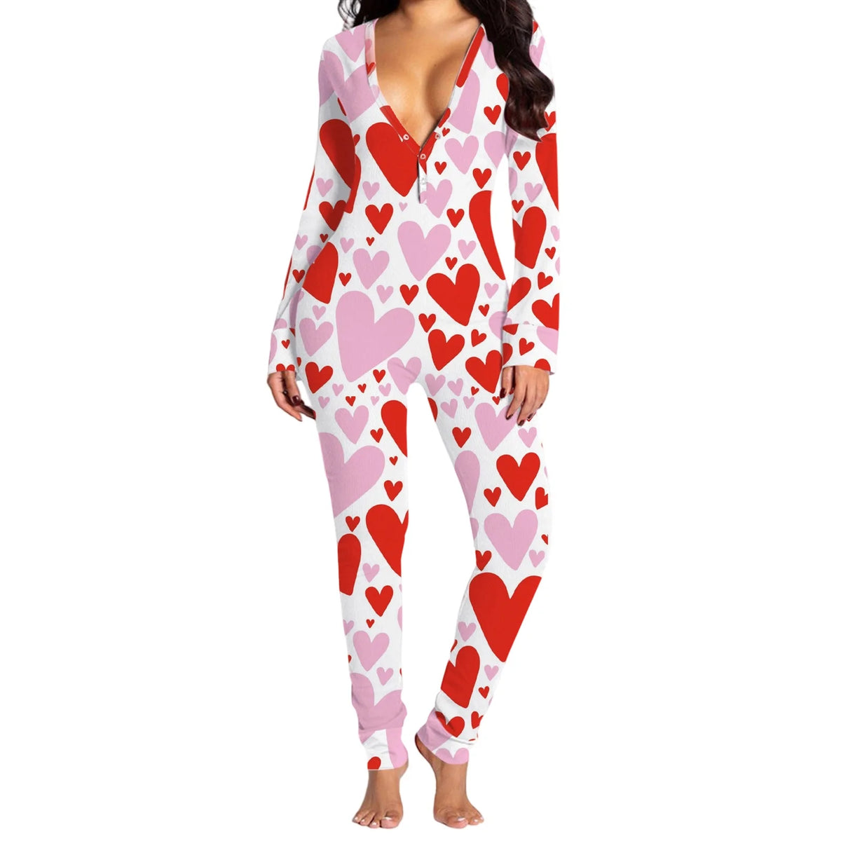 Women's Long Sleeve Christmas Jumpsuit Pajamas V Neck Christmas Themed Print Bodysuit Sleepwear with Drop Seat Butt Flap