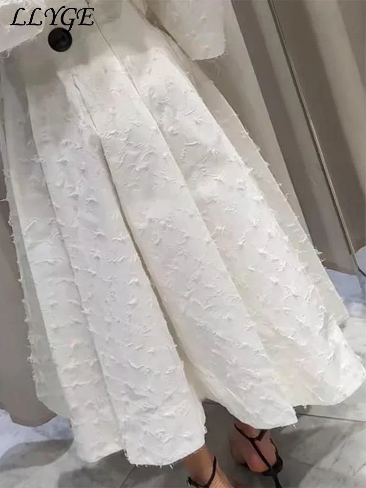 Elegant Fringe Skirts Sets 2 Pieces Women Lapel Buttons Long Sleeve Blouses Pleated A-line Long Skirts 2025 Summer Chic Outfits