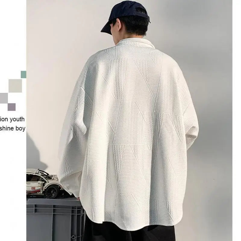 Men's plus Size Casual Long Sleeve Shirt Single Breasted Solid Color Loose Fit Button down Top Jacquard Fabric Fall Fashion M-XX
