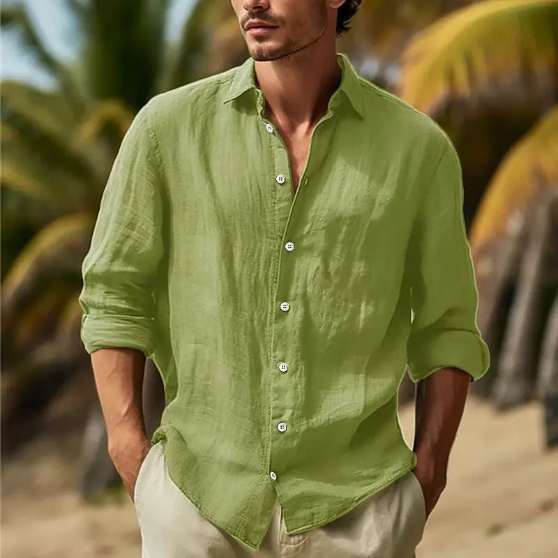 Men's Solid Color Cotton Linen Shirt Classic Button-Up Lapel Long Sleeve Loose Casual Top Spring Summer Fashion 2026