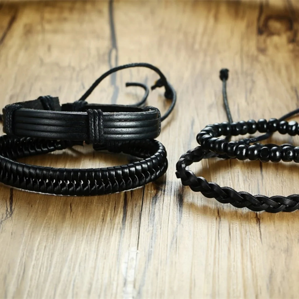 4PCS Fashion Vintage Multi-layer Wooden Beads Trendy Accessories Man's Bracelet Dad Father Boyfriend  Valentine's Day Gift