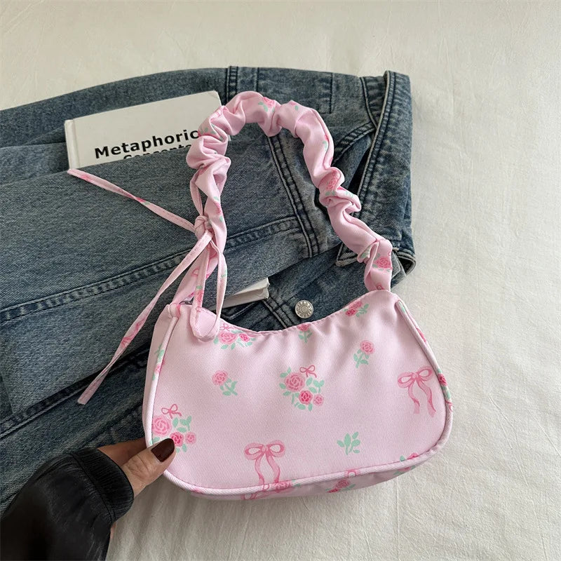 Women's Bags 2025 Summer Nylon Pleated Handbags Armpit Bag Korean Floral Bow Printed Zipper Tote Bag Female Small Shoulder Bags