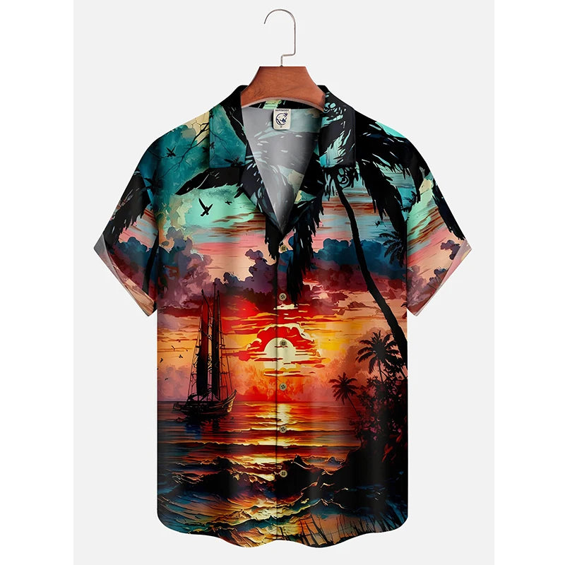 Men's Hawaii Summer Dusk Pattern Casual Shirt 3D Beach Funny Short Sleeve Womens Clothes Blouse New Hot Sale Floral y2k Tops 4XL