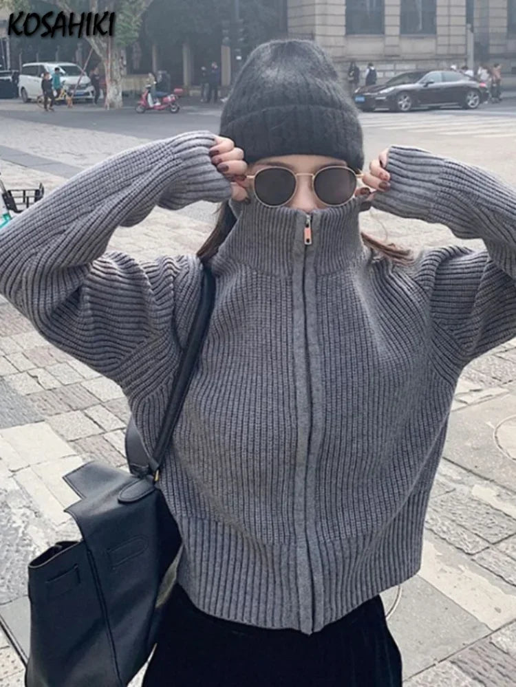Y2k Aesthetic Harajuku Cardigan Mujer Kardigan Turtleneck Streetwear Grey Crop Tops Zipper 2026 Autumn All Match Solid  Sweater