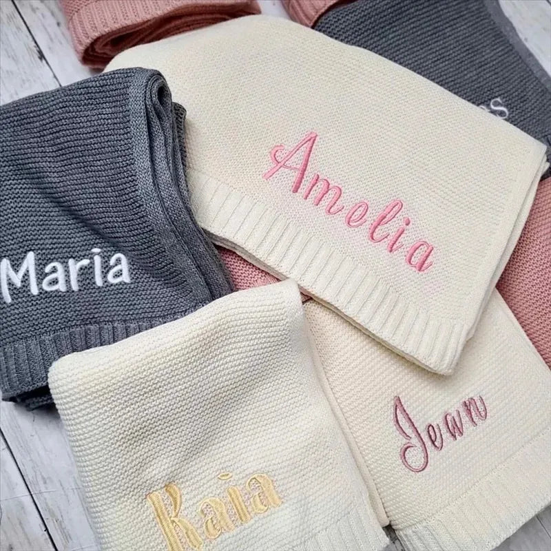 Customize Name Baby Blanket - Embroidered Design Great for New Borns Stroller Swaddles Comfort Breathable Cotton Knitted Blanket